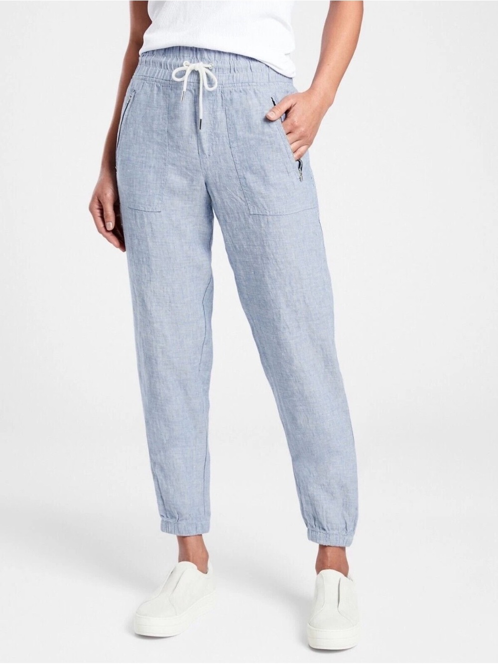 Athleta Cabo Linen Jogger Pants Blue Chambray Drawstring Zip Pocket Size 4